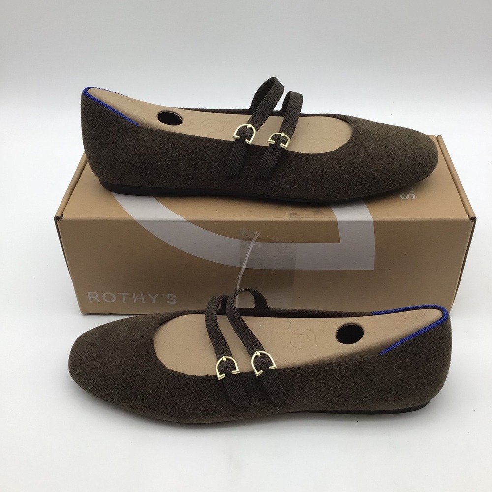 Rothys ReVelvet Double Buckle Mary Jane Bistro Brown Flats Size 9 350-007 NEW